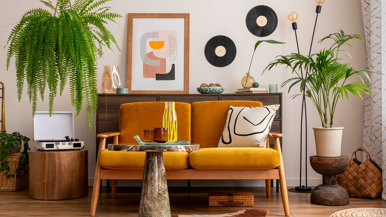 Living room decorated in a 1970s theme