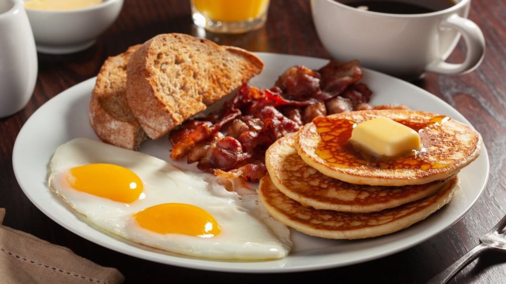 Breakfast, pancakes, eggs, and bacon