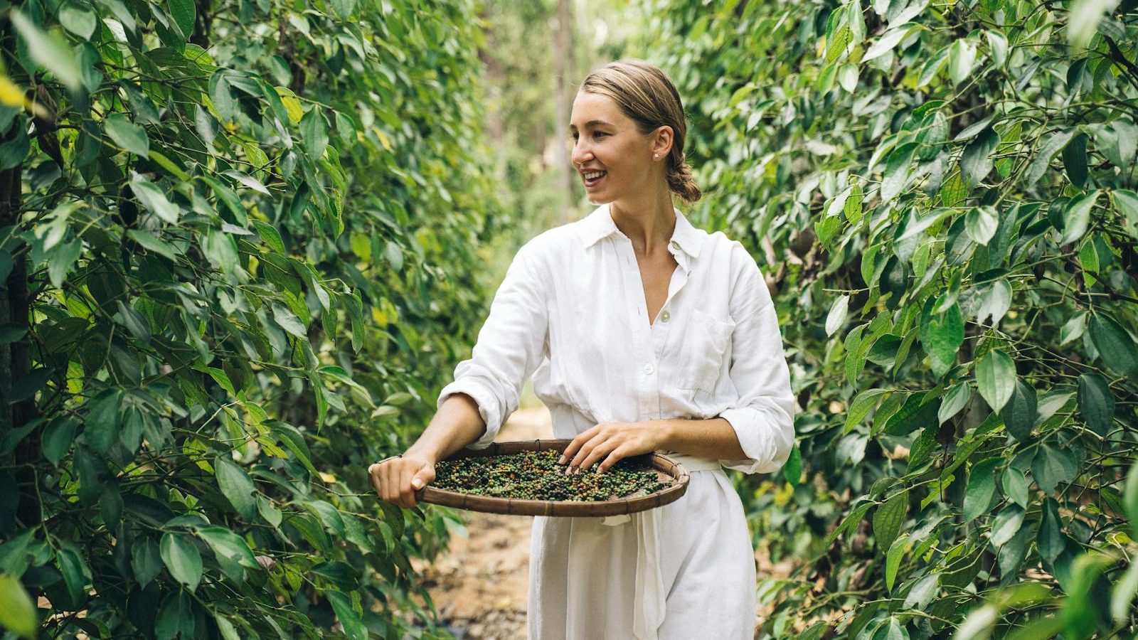 Cheerful woman in white harvesting fresh herbs. Surrounded by lush greenery.
