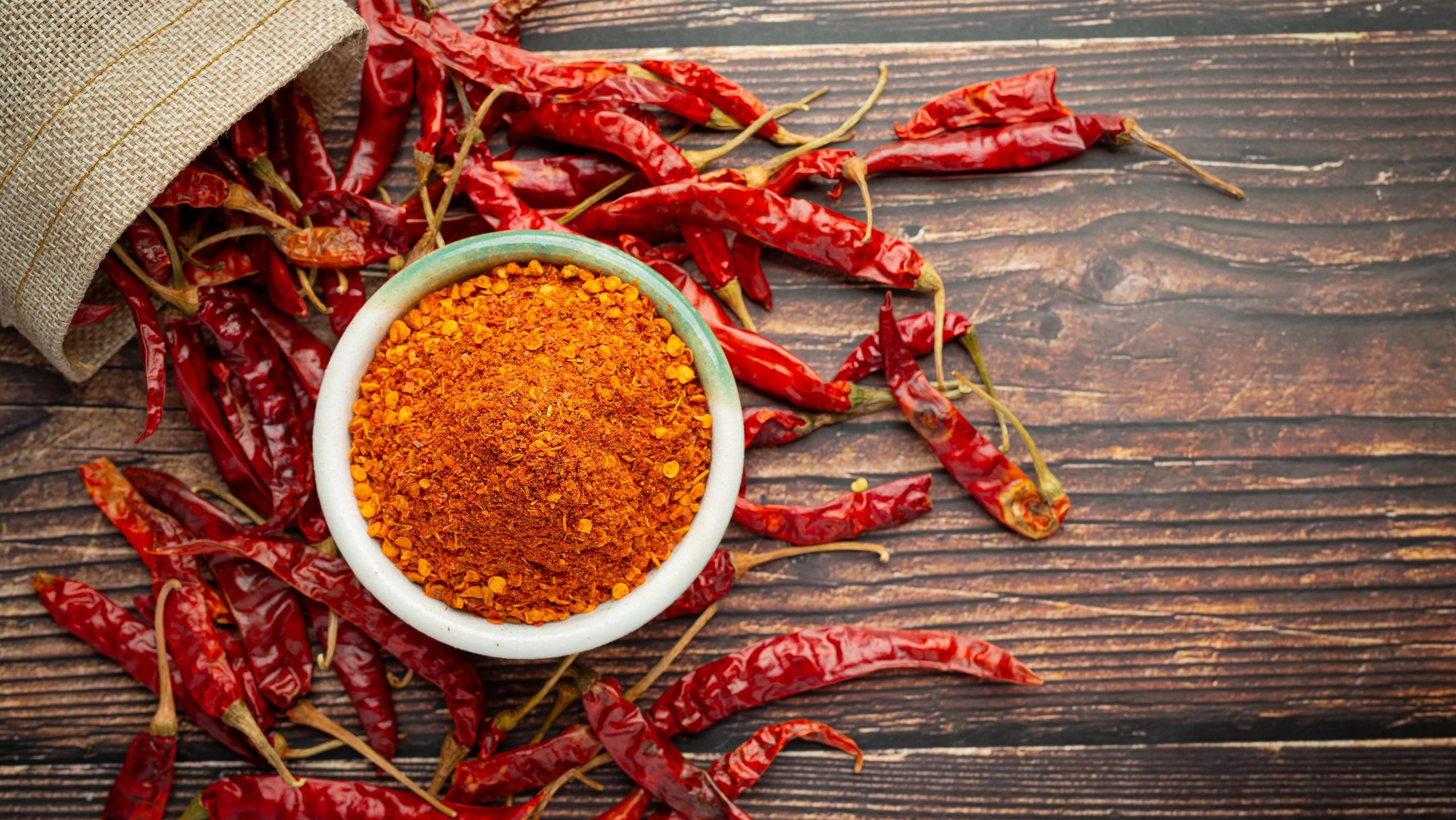 Cayenne dried pepper in small ceramic bowl