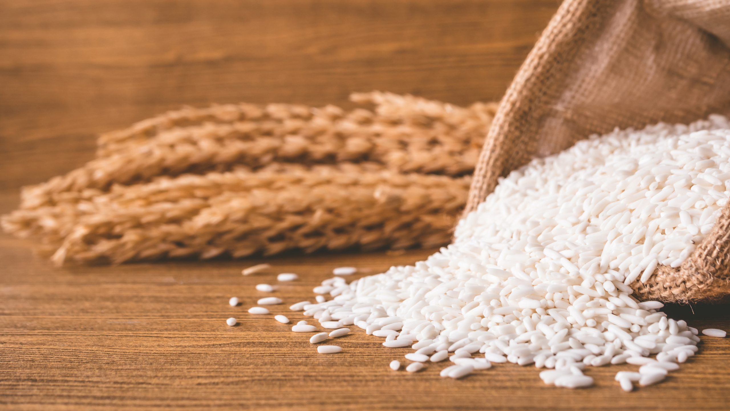 Close up of raw rice in burlap sack on wooden table.