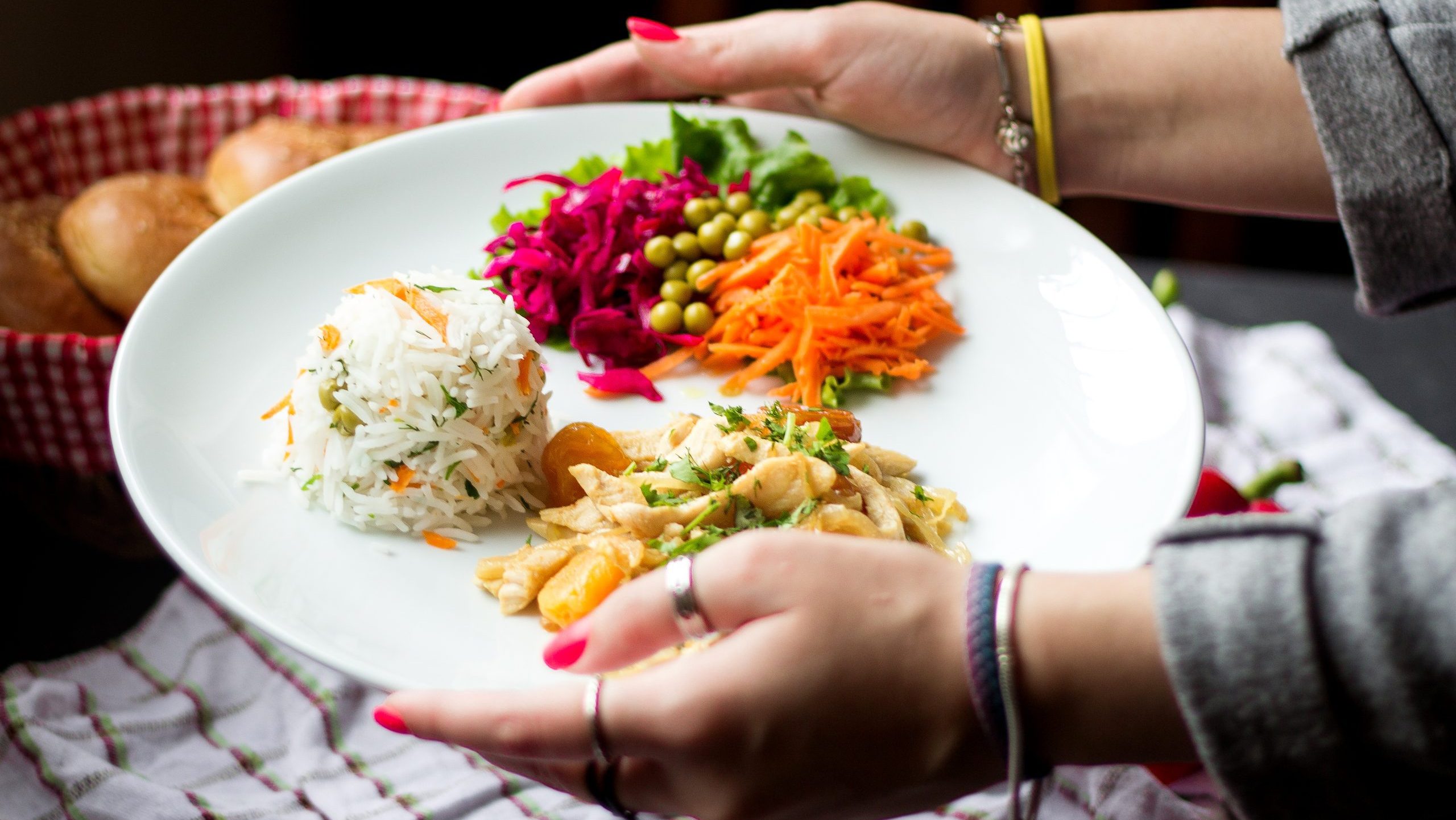Portion Control for Dinnerrice and various sliced vegetables with beans