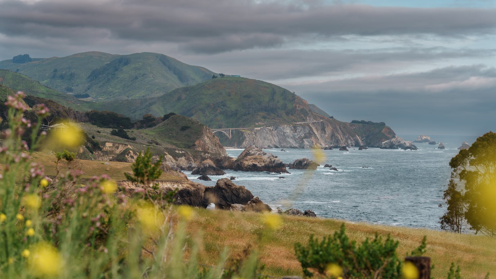 Breathtaking view of the Big Sur coastline and iconic bridge in California.