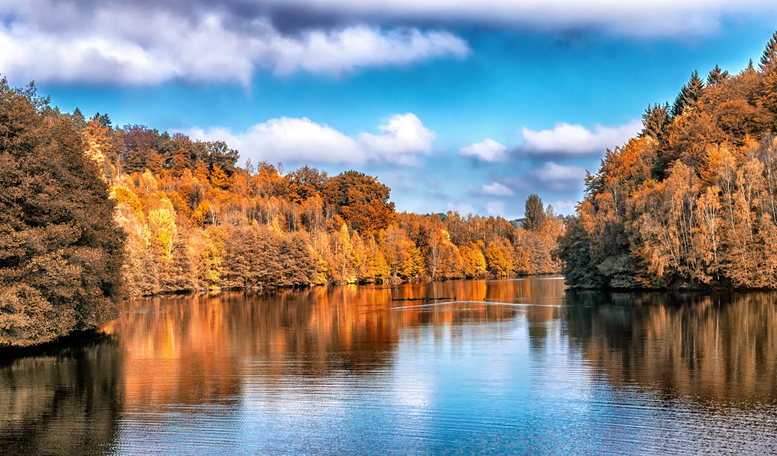 Autumn landscape showcasing vibrant foliage reflected in a calm river.