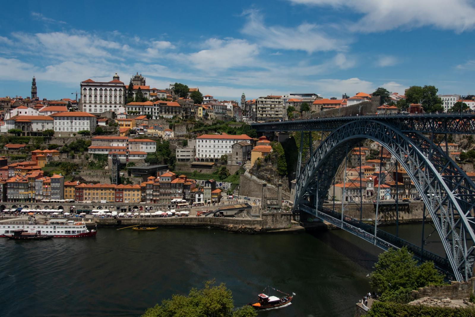 Scenic view of Porto, Portugal featuring the iconic Dom Luís I Bridge over the Douro River.