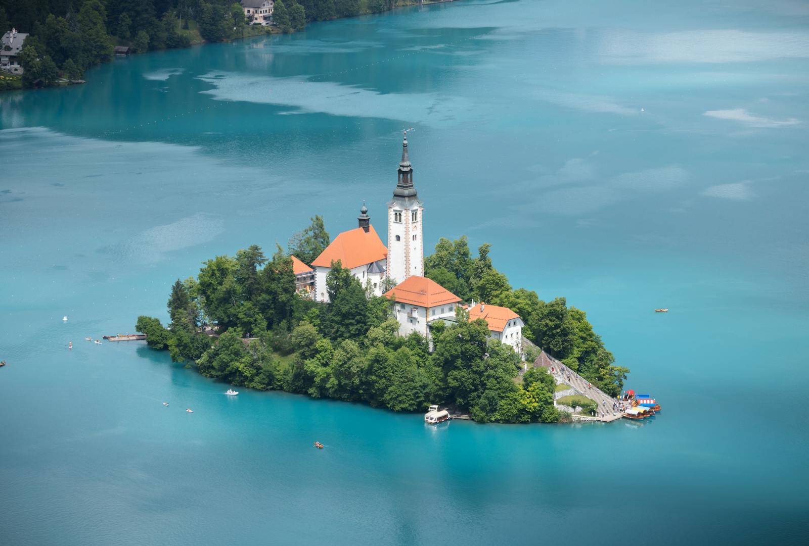 Aerial view of Bled Island with the Church of the Assumption on Lake Bled, Slovenia.