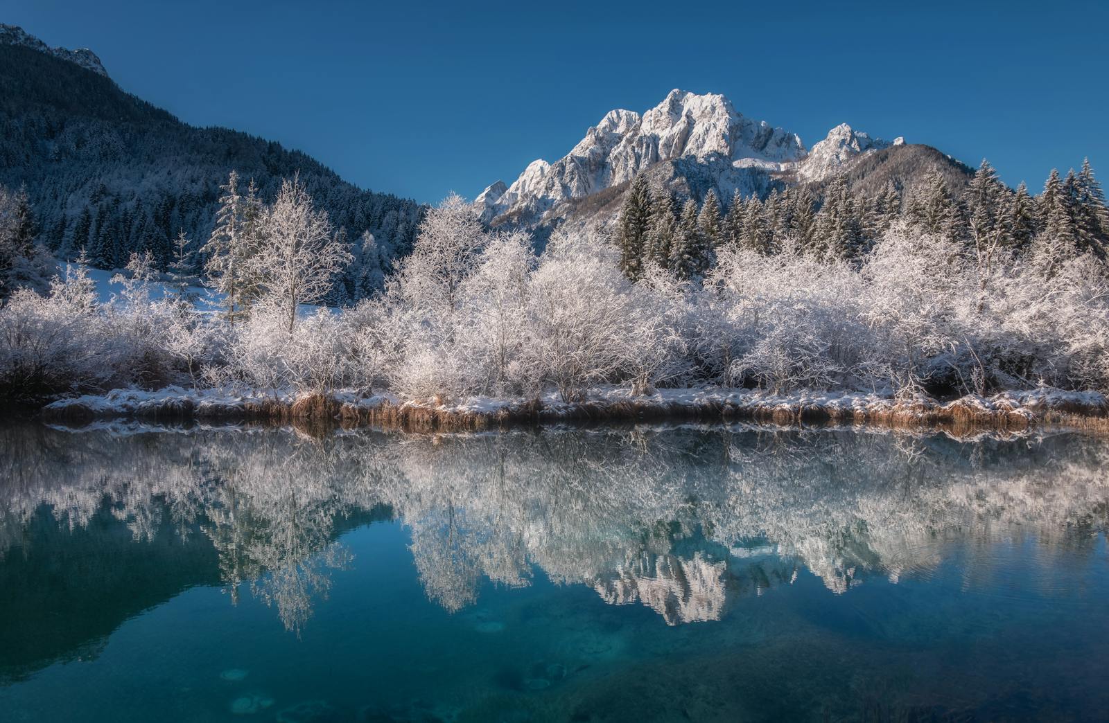 Serene winter landscape with snowy mountains and a reflective river in Slovenia.