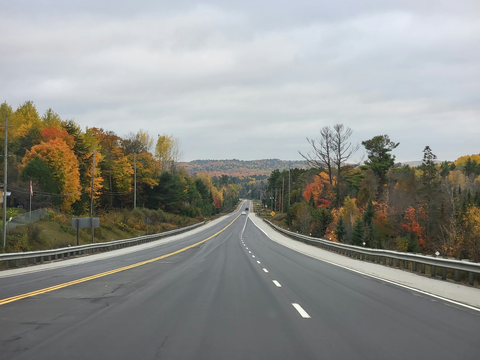 an empty highway in the middle of a wooded area
