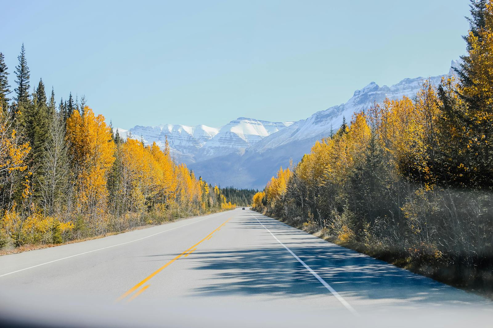 Beautiful autumn scenery on a mountain highway surrounded by vibrant fall foliage and distant mountains.