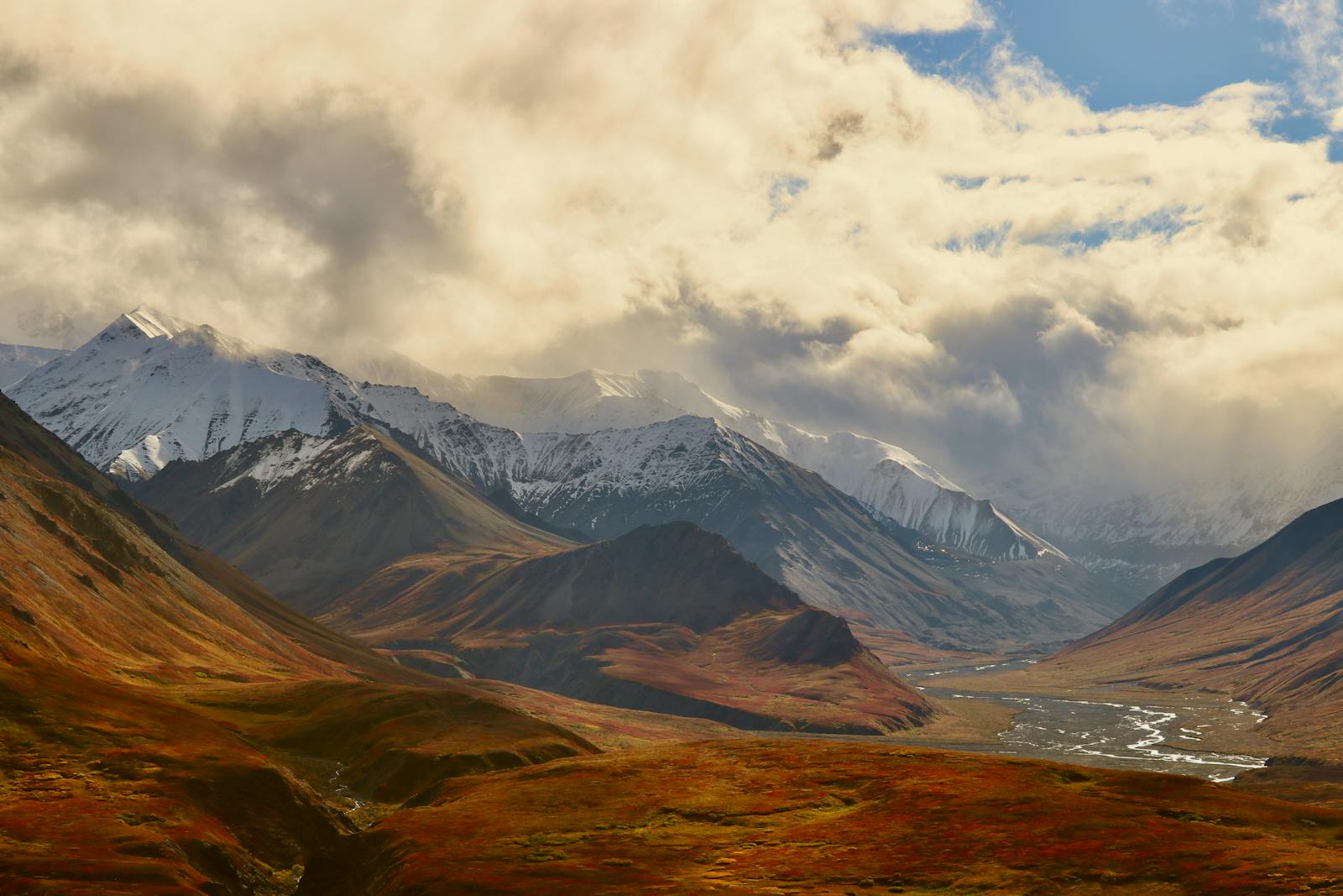 Stunning view of snow-capped mountains and a winding river in Denali National Park, Alaska.