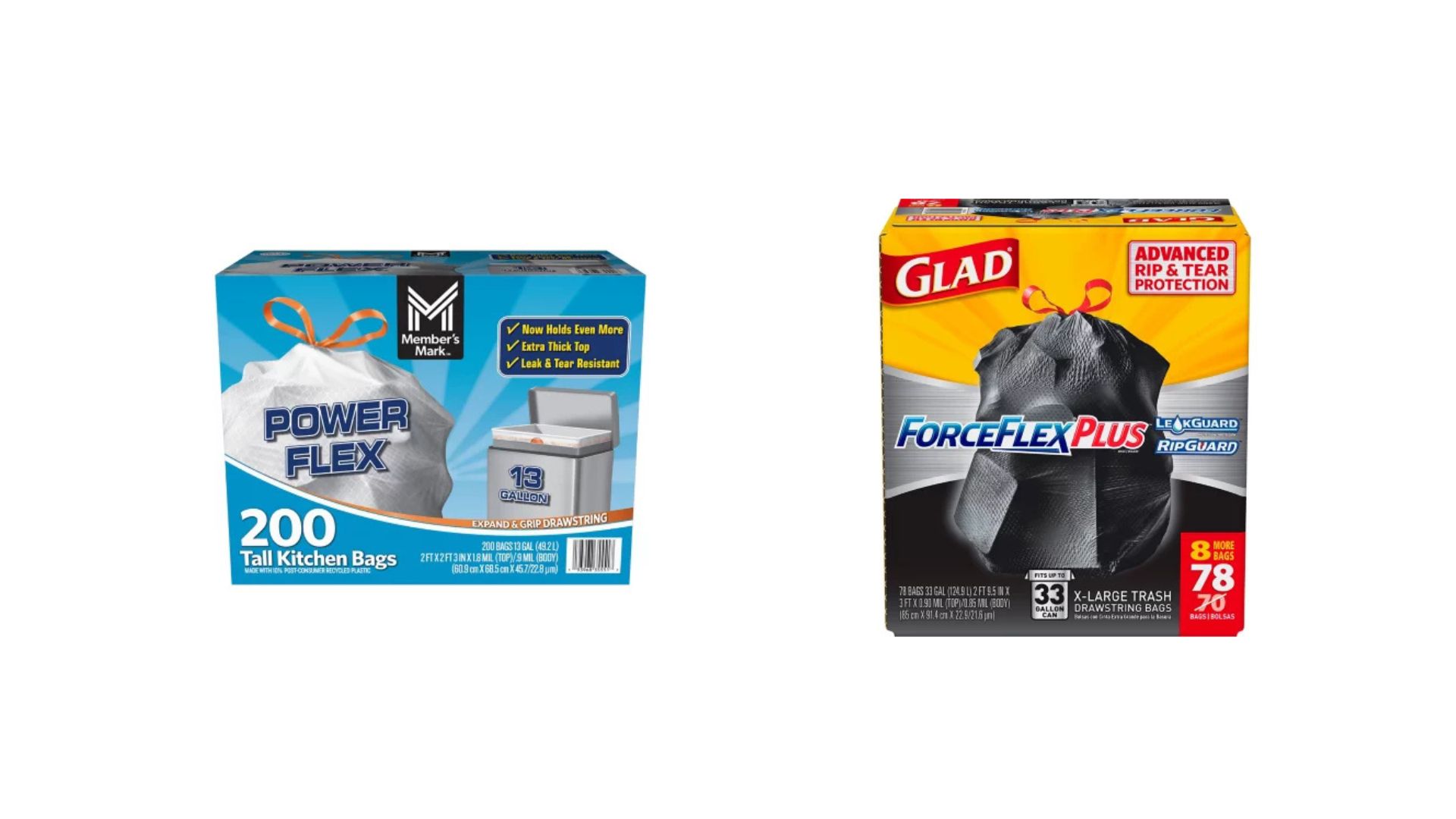 Member's Mark Trash Bags vs. Glad ForceFlex Plus