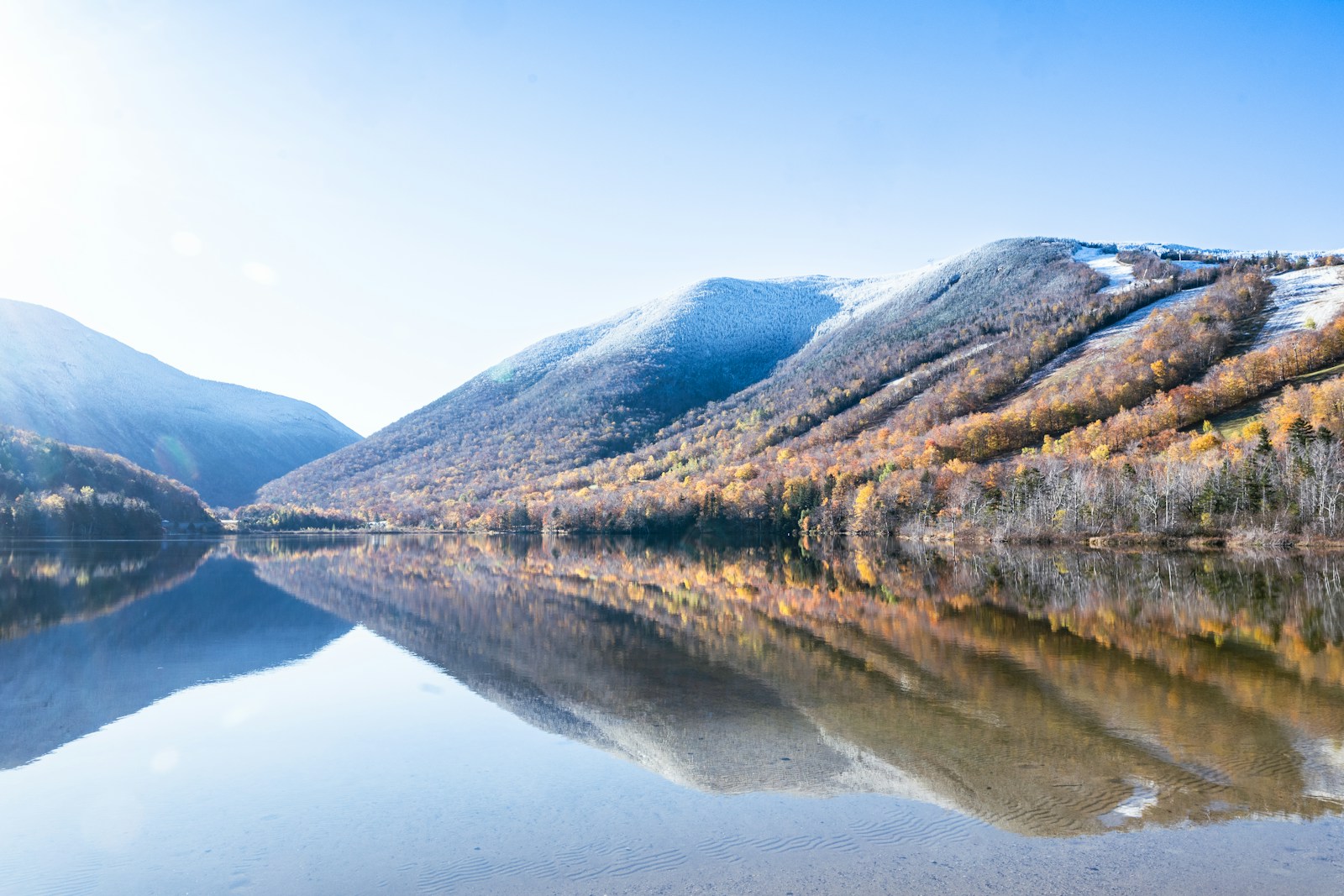 A lake surrounded by mountains in the fall