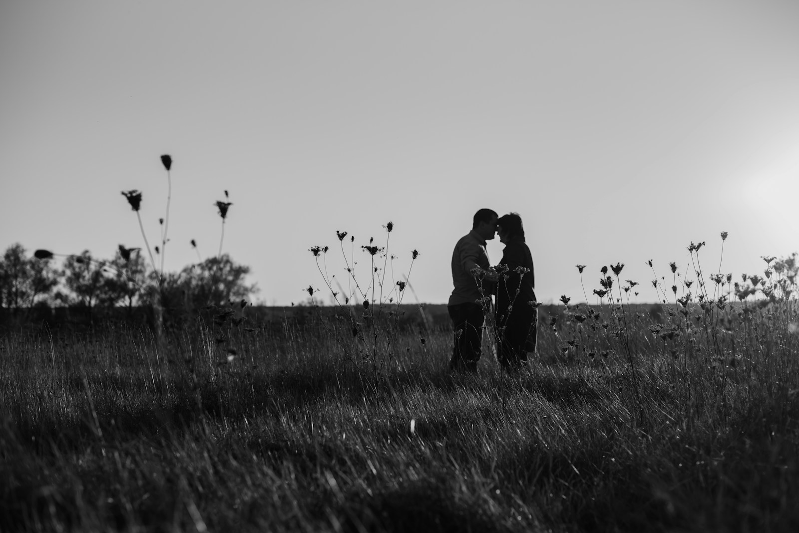 a group of people standing in a grassy field