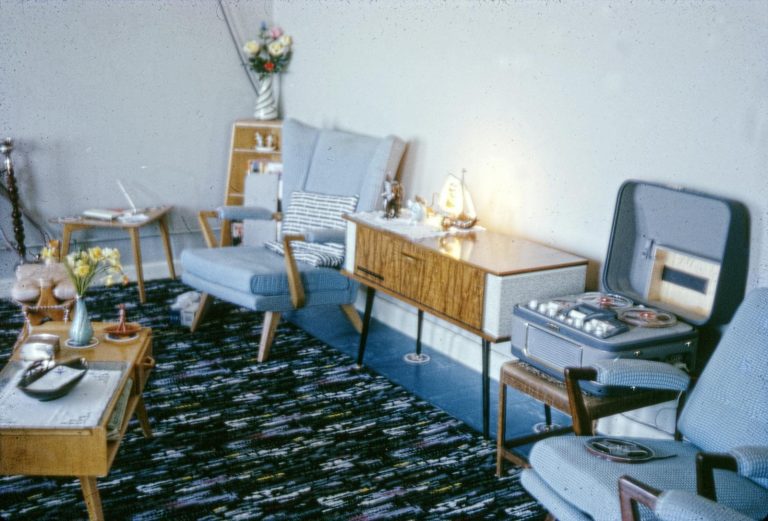 Cozy mid-century modern living room with vintage decor and furniture.