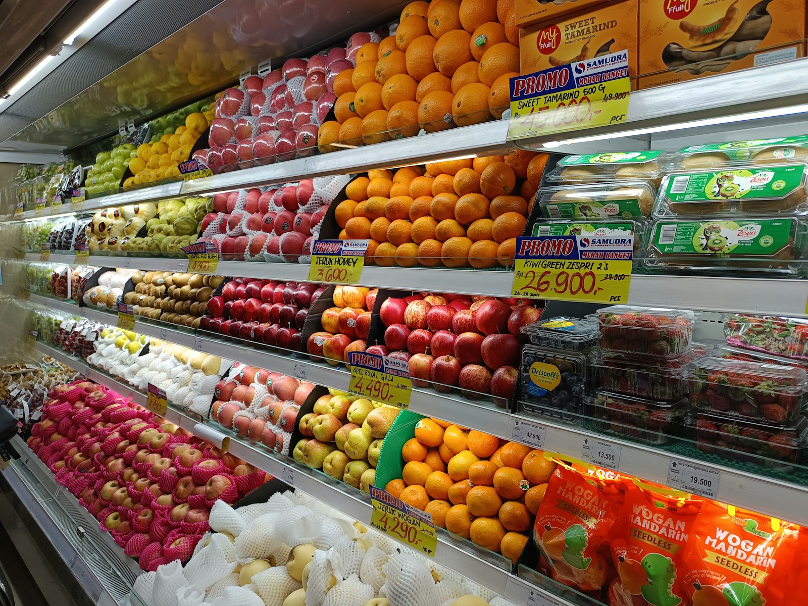 A refrigerated display case is stocked with fresh fruits.