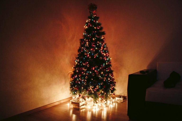 Elegant Christmas tree with vibrant decorations and glowing lights in a cozy indoor setting.