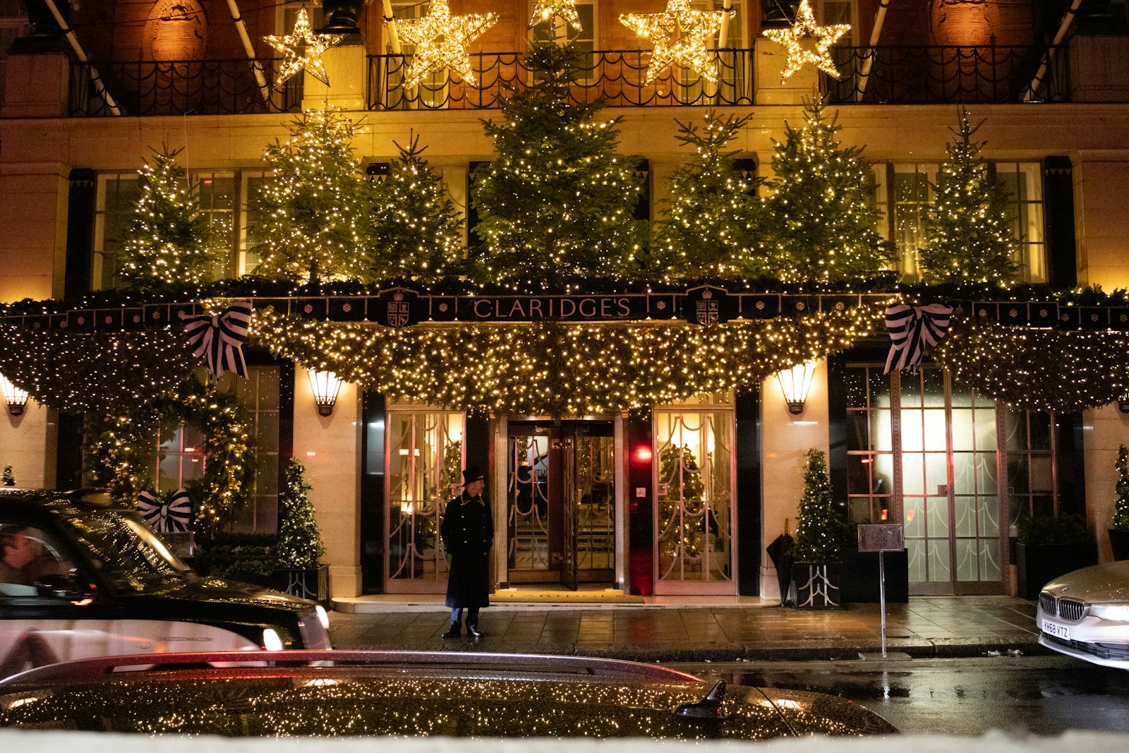Building entrance decorated for christmas holidays