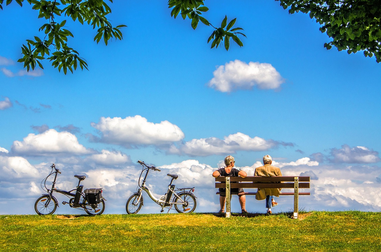 man, woman, bicycle, bike, air, sky, bench, peace, people, nature, couple