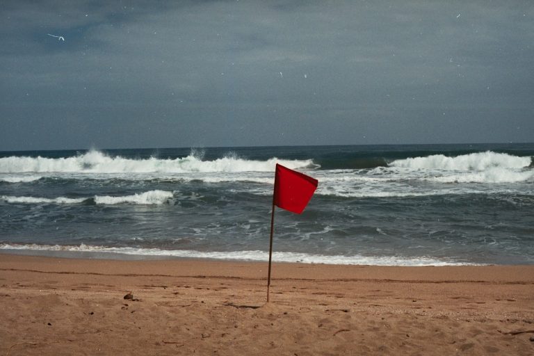 a red flag sticking out of the sand of a beach