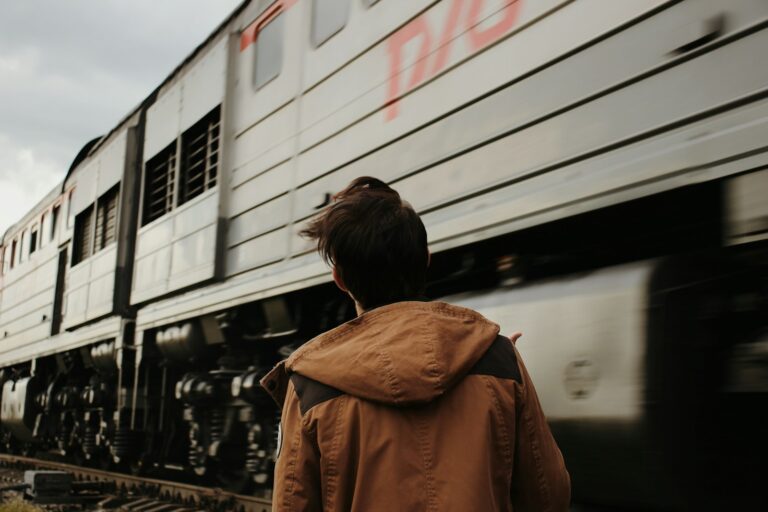 a person walking next to a train on the tracks