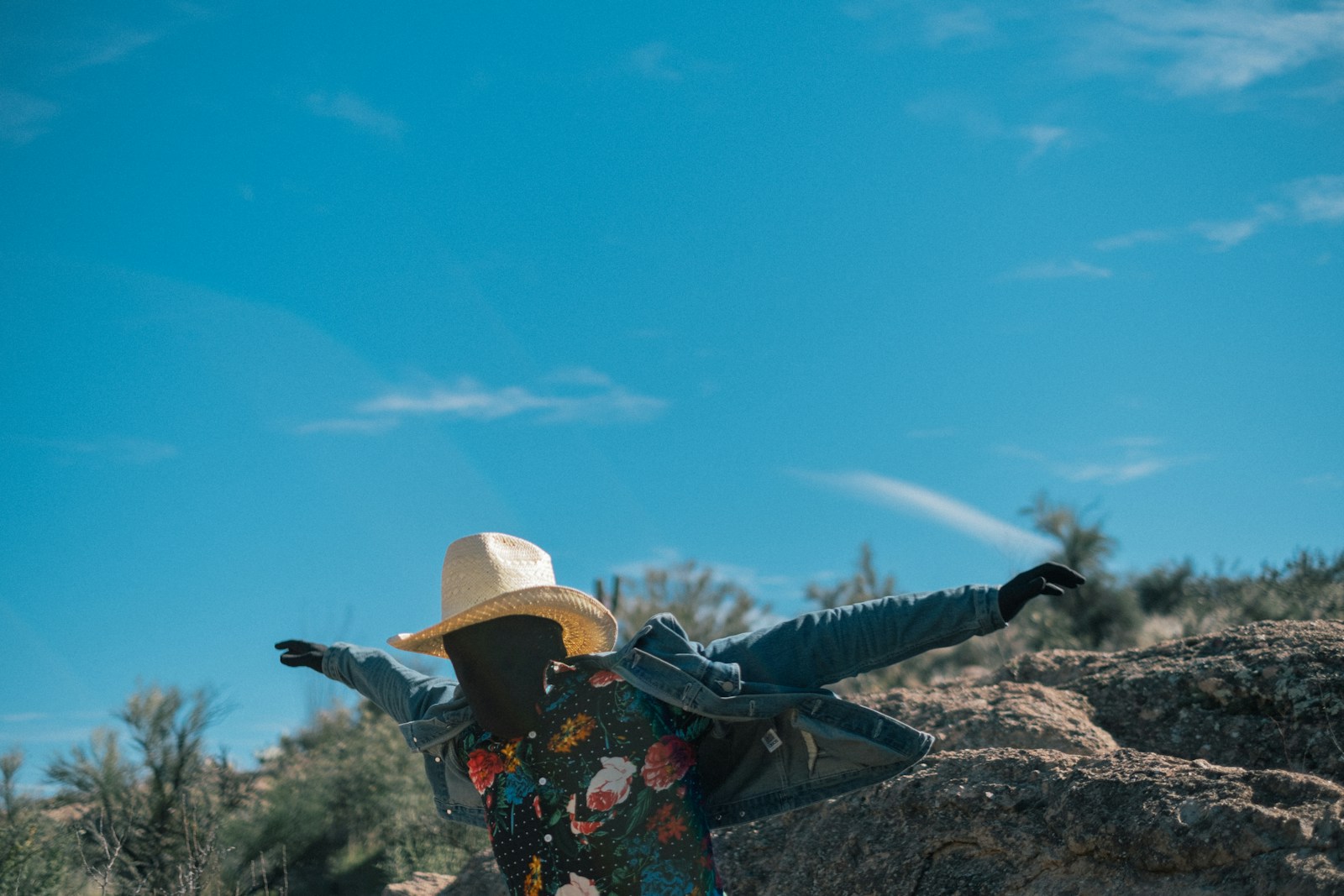 man in blue and red floral long sleeve shirt and brown hat sitting on rock during