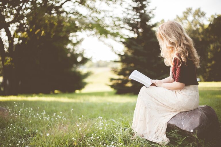 girl, book, sitting, alone, rock, reading, bible, nature, grass, park, reading girl, reader, blonde woman, young woman, female, girl, alone, reading, bible, bible, bible, bible, bible