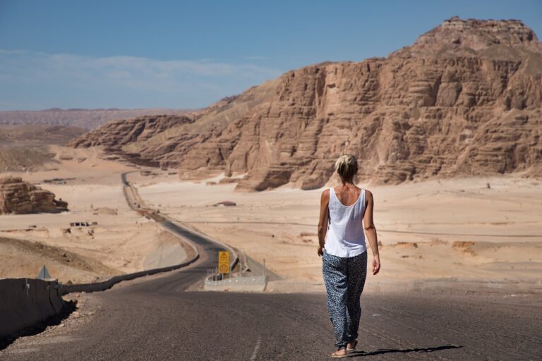 woman, walking, desert, road, sinai, egypt, sky, yellow, ocher, blue, young woman, alone, nature, human, landscape, blue sky, person, tourism, explore