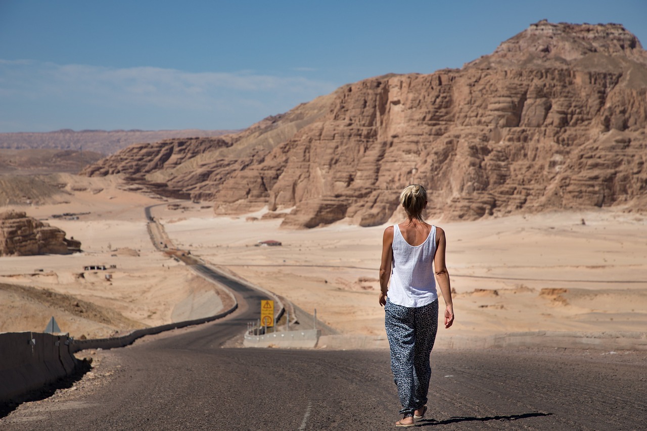 woman, walking, desert, road, sinai, egypt, sky, yellow, ocher, blue, young woman, alone, nature, human, landscape, blue sky, person, tourism, explore