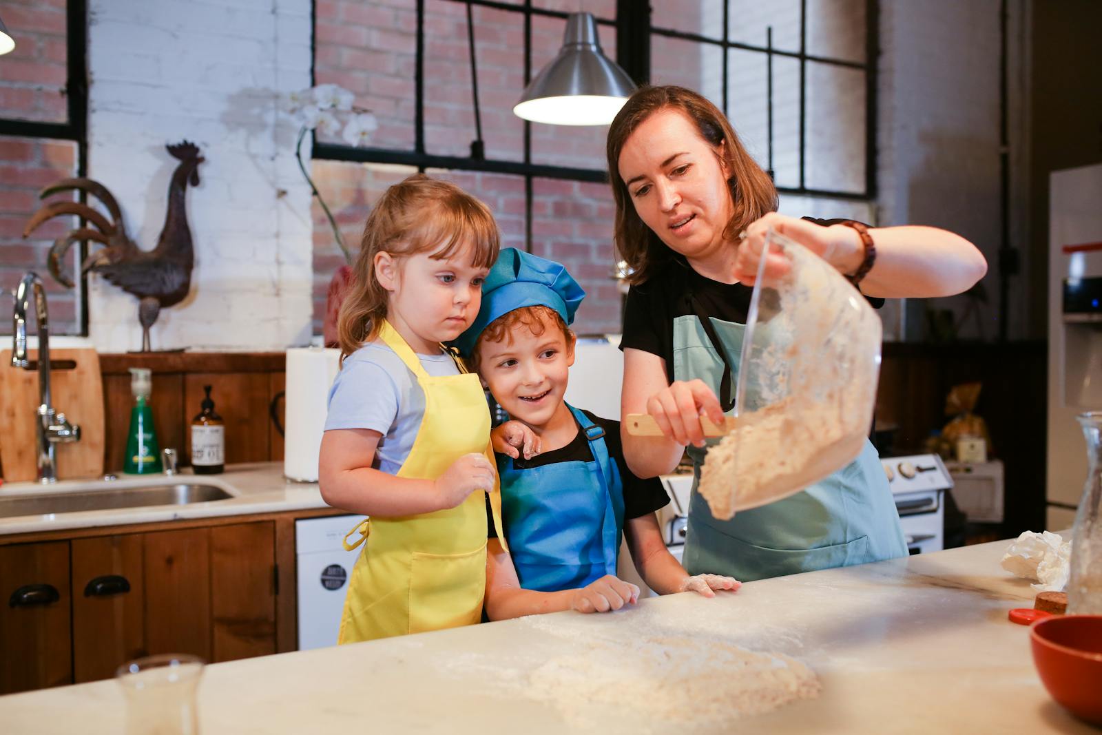 A mother and children baking together in a cozy kitchen, sharing quality time.