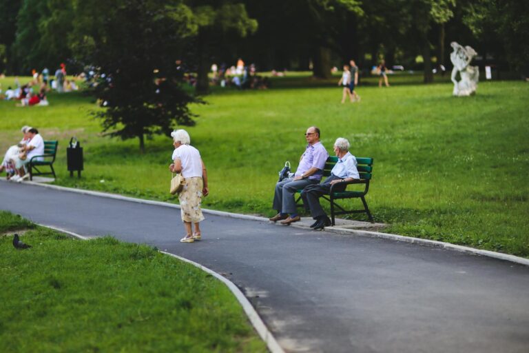Elderly people sitting on benches enjoying a sunny day in a green park setting.
