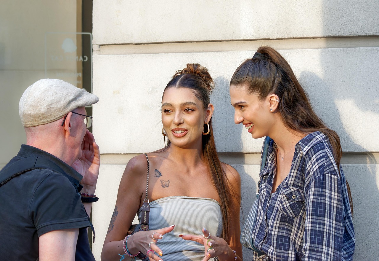 girls, young, happy, old man, talking, outdoors, building, lifestyle, people