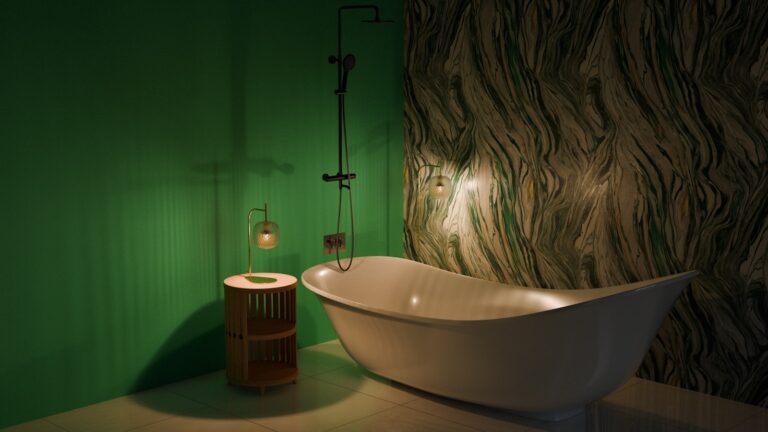 A bathroom with a tub and a green wall