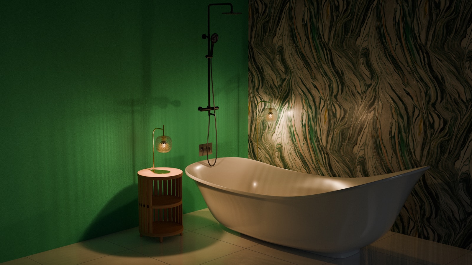 A bathroom with a tub and a green wall