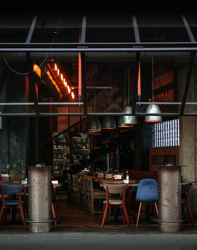 a restaurant with a fire