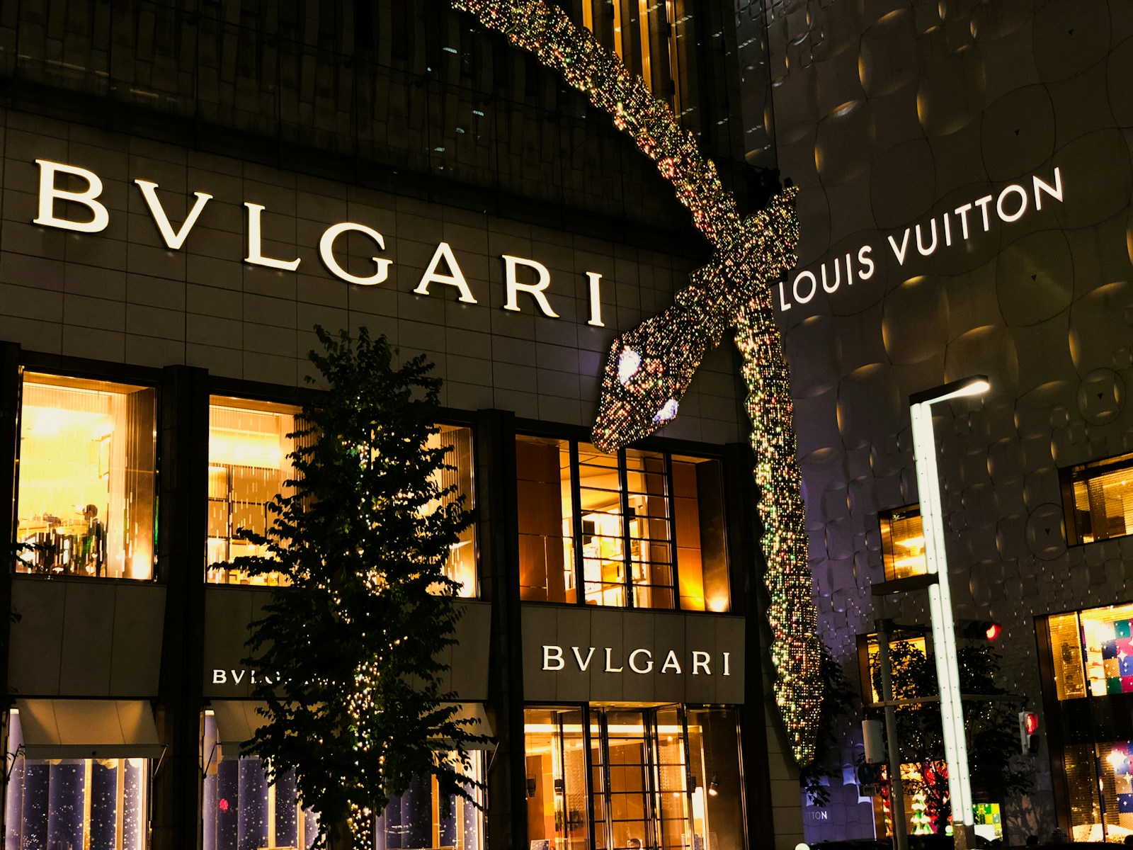 a building with a lit up christmas tree in front of it