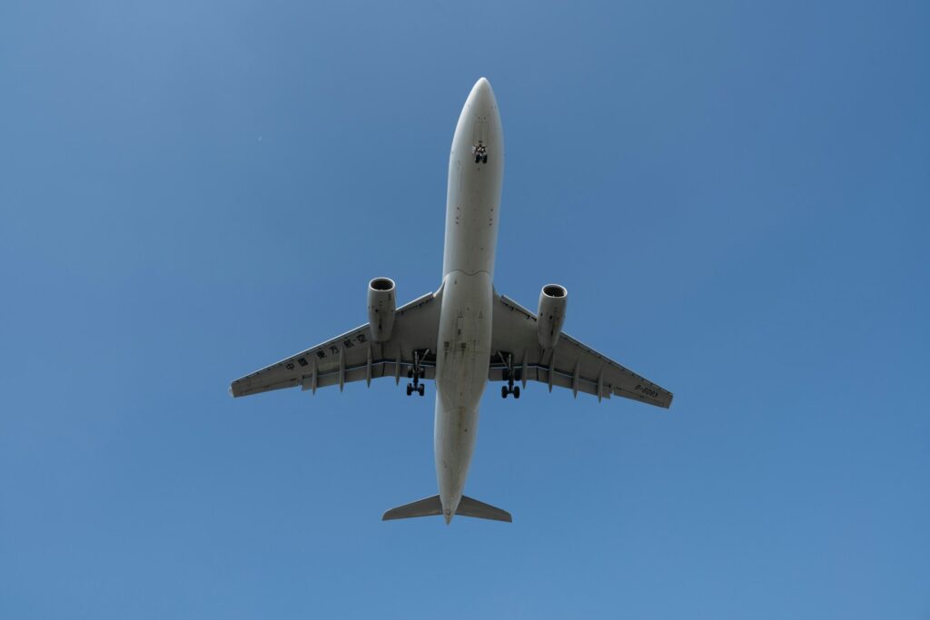 Airplane flying in clear blue sky