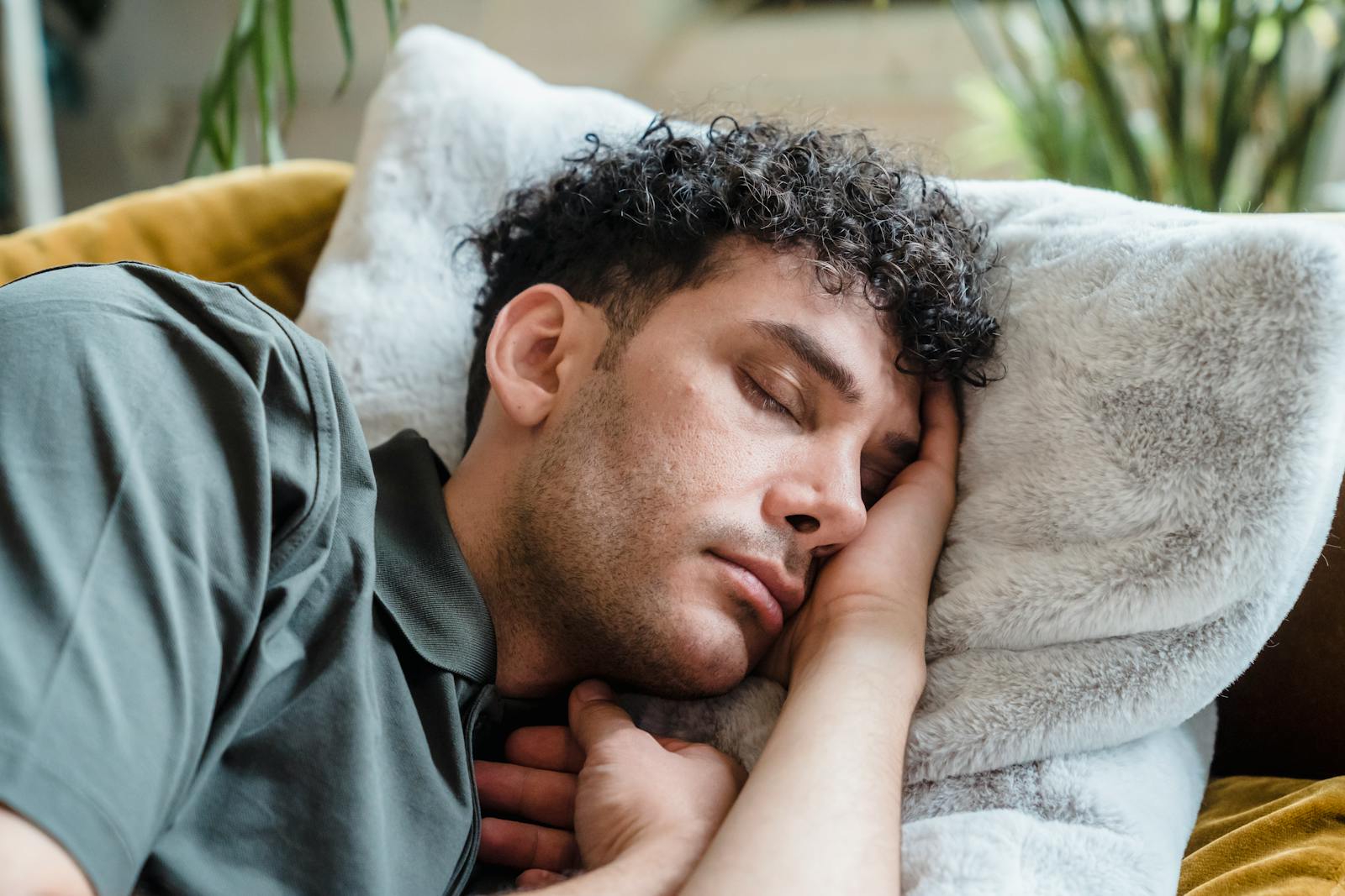 A young man with curly hair peacefully sleeping on a cozy couch with a soft pillow.