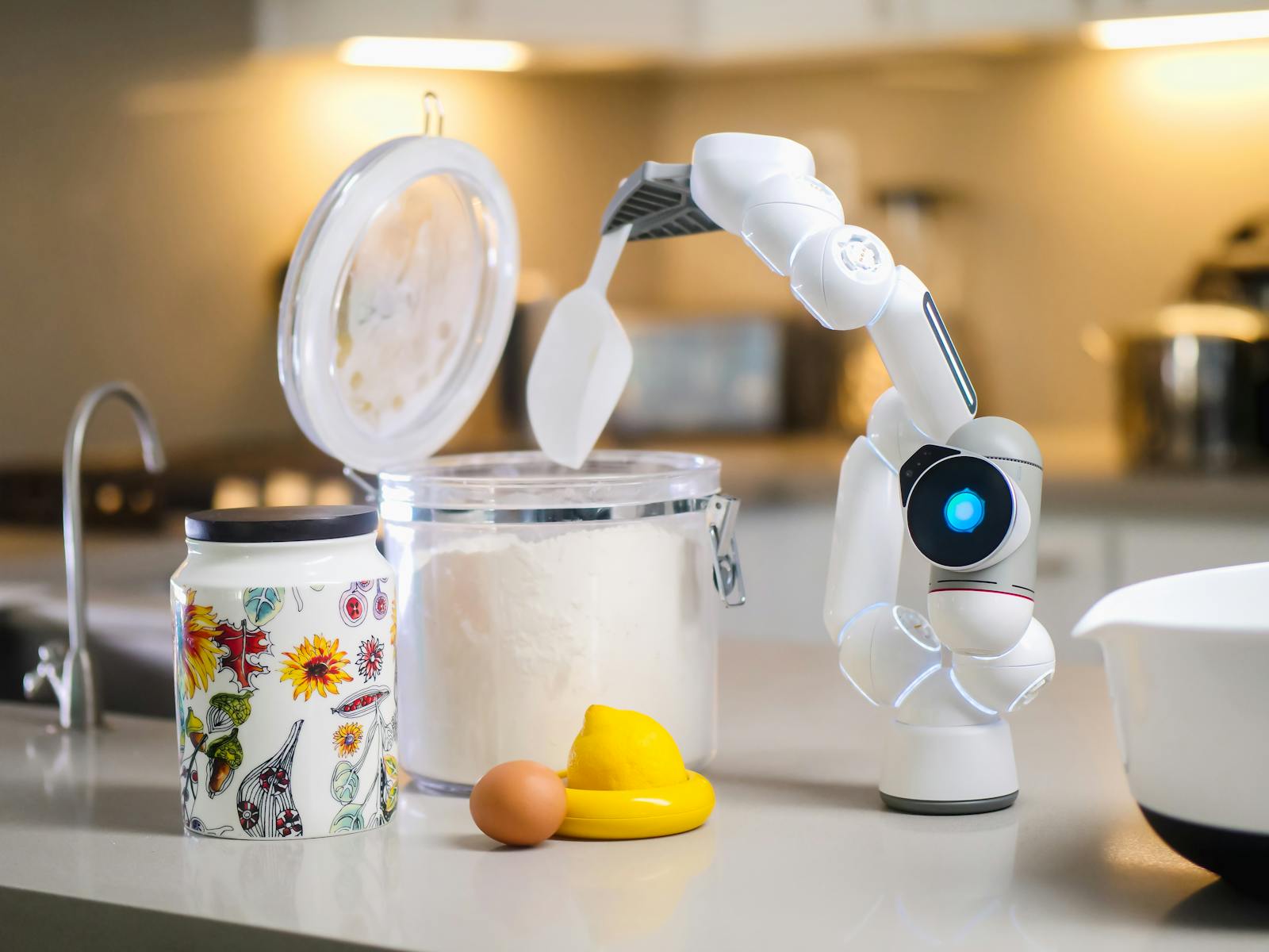 A robotic arm measuring flour on a modern kitchen counter, highlighting innovation in technology.