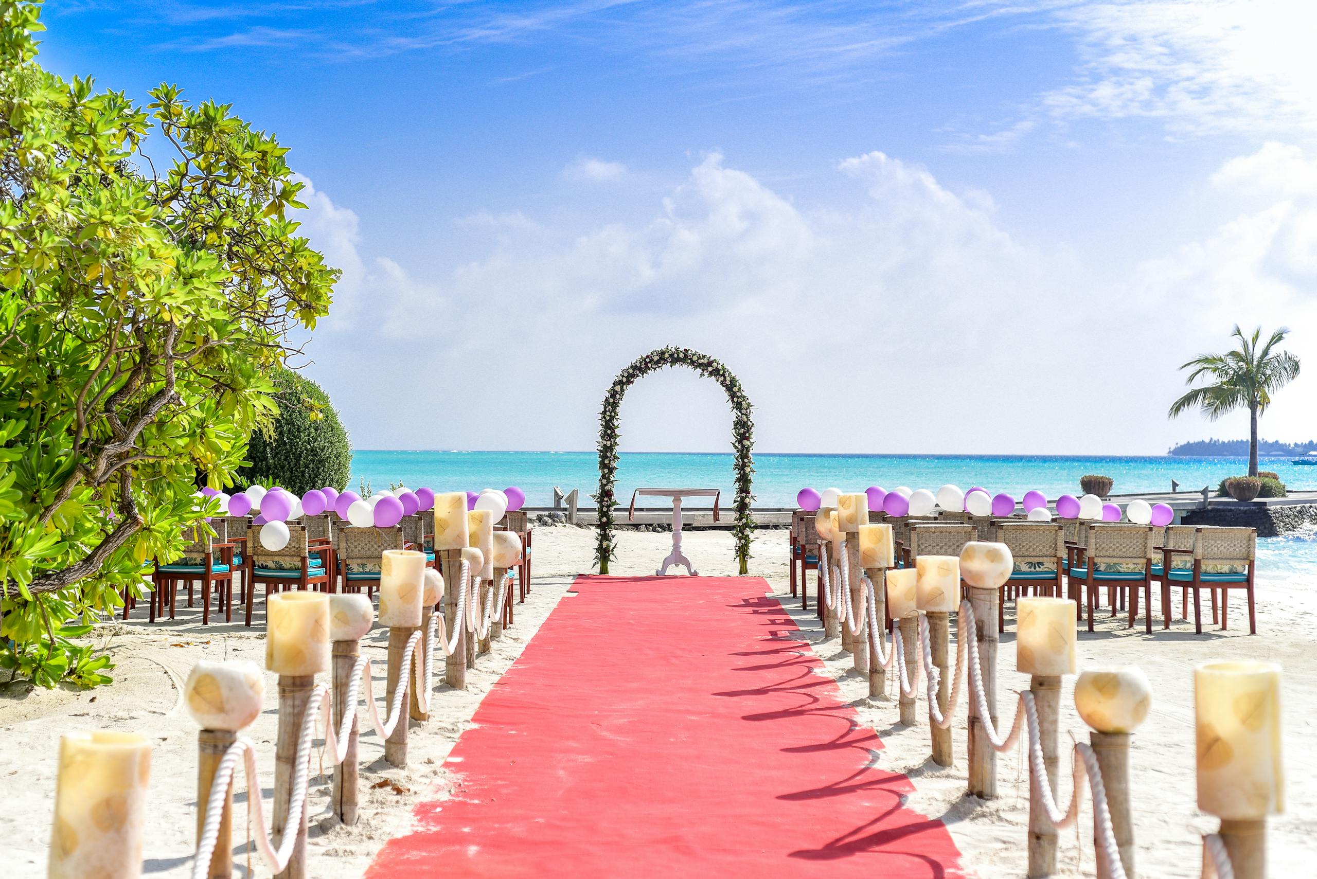 A scenic tropical beach wedding setup with a red carpet aisle and ocean views, perfect for destination weddings.