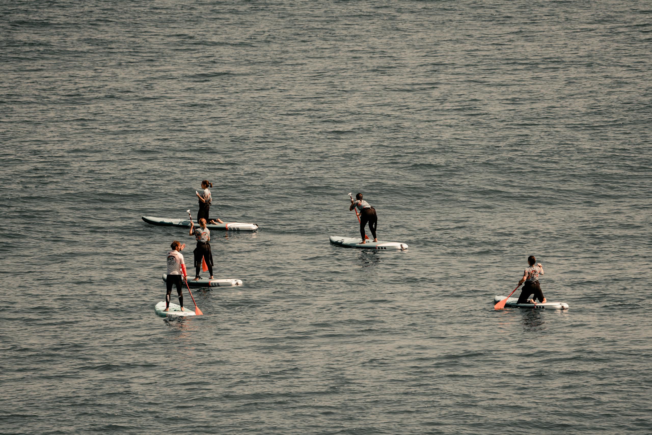 Aerial view of five people paddle boarding on the sea, enjoying outdoor activities.