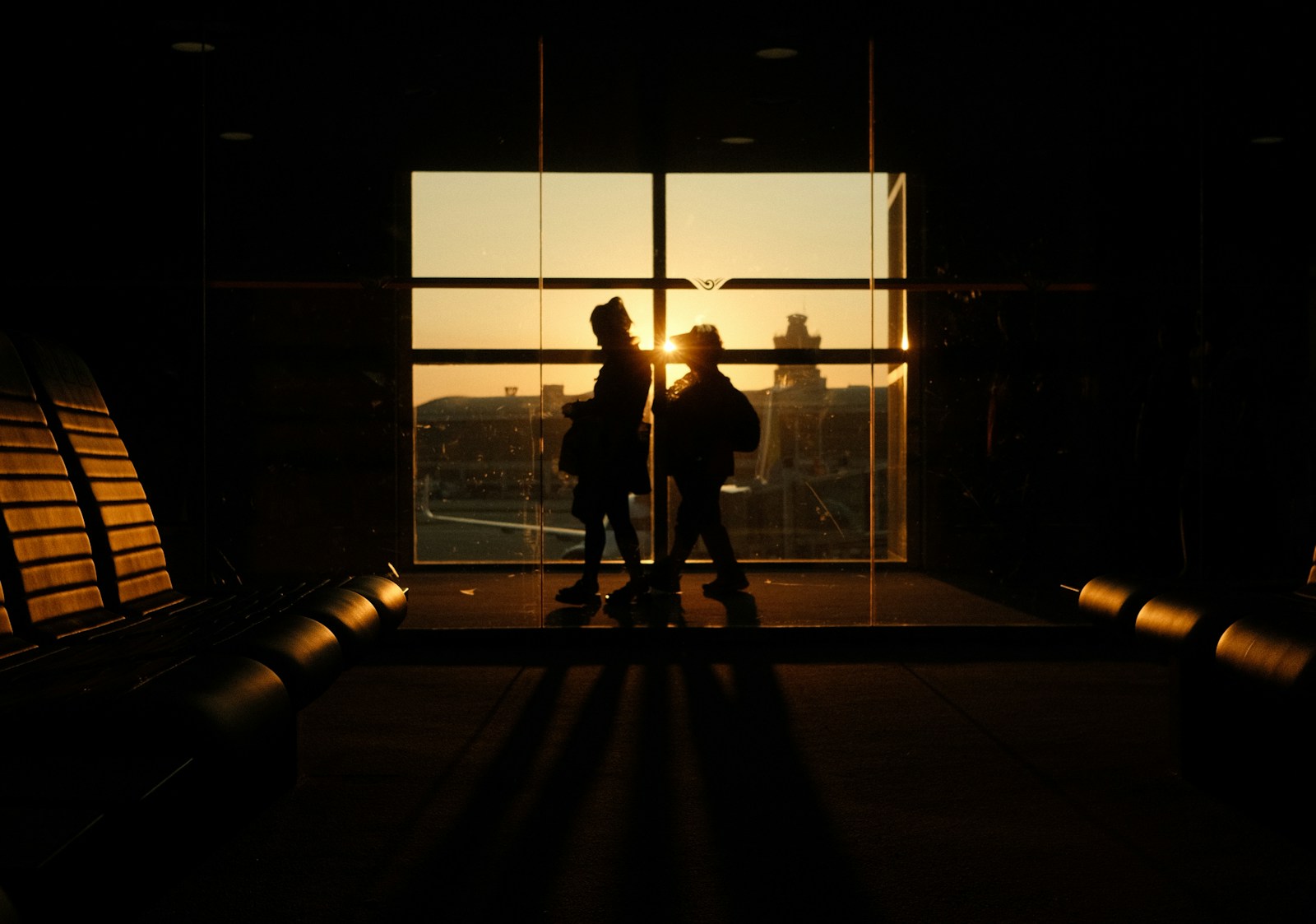 Silhouetted people stand before a sunset.