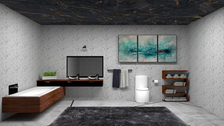 Spacious modern bathroom interior featuring sleek design elements and abstract wall art.