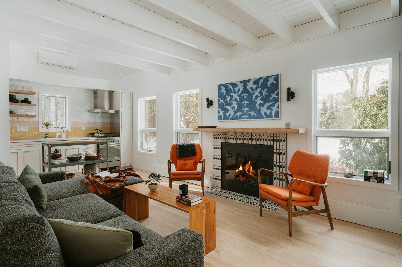 Cozy living room with fireplace and modern furniture