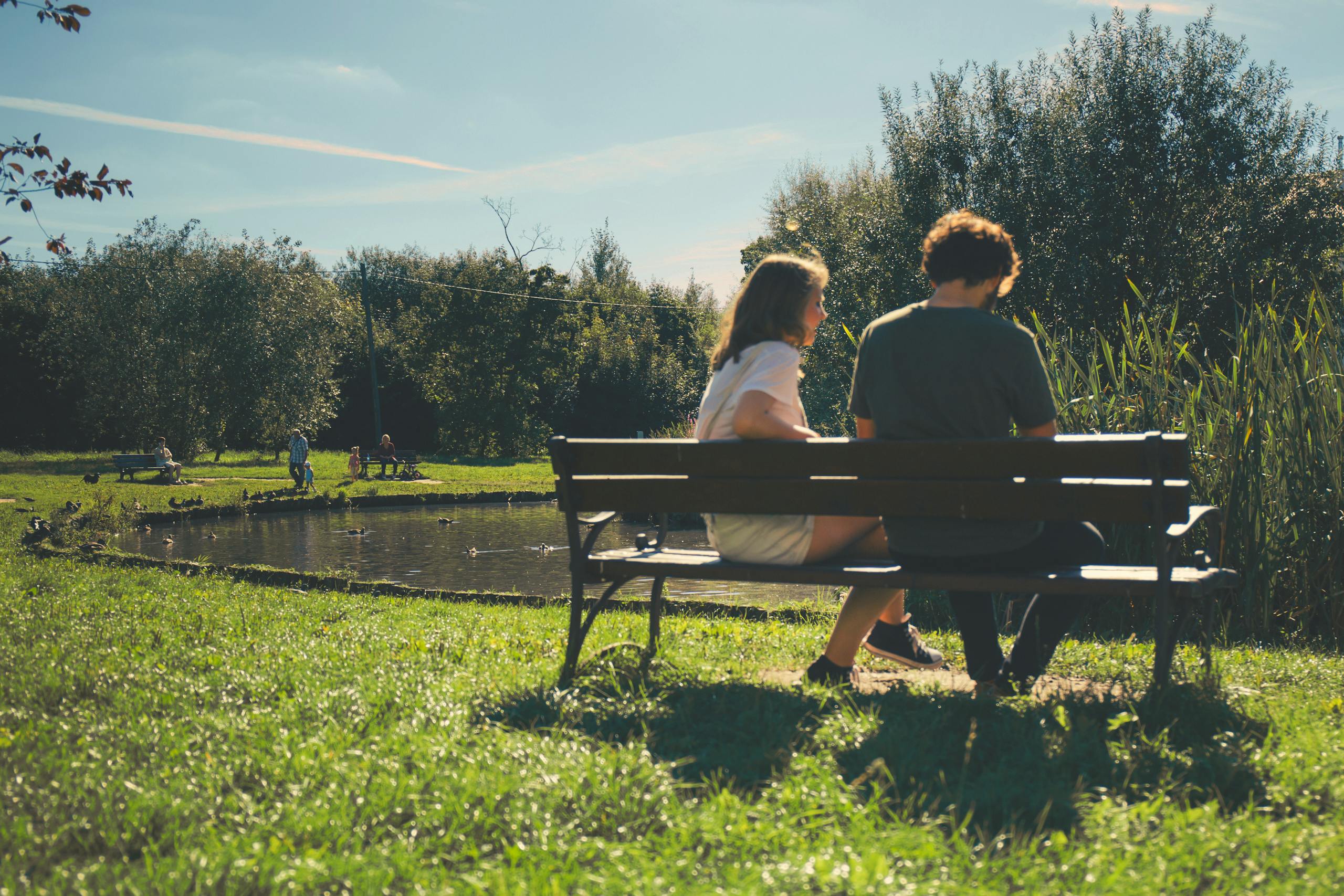 A couple enjoys a tranquil moment on a park bench by a scenic pond under a clear sky.