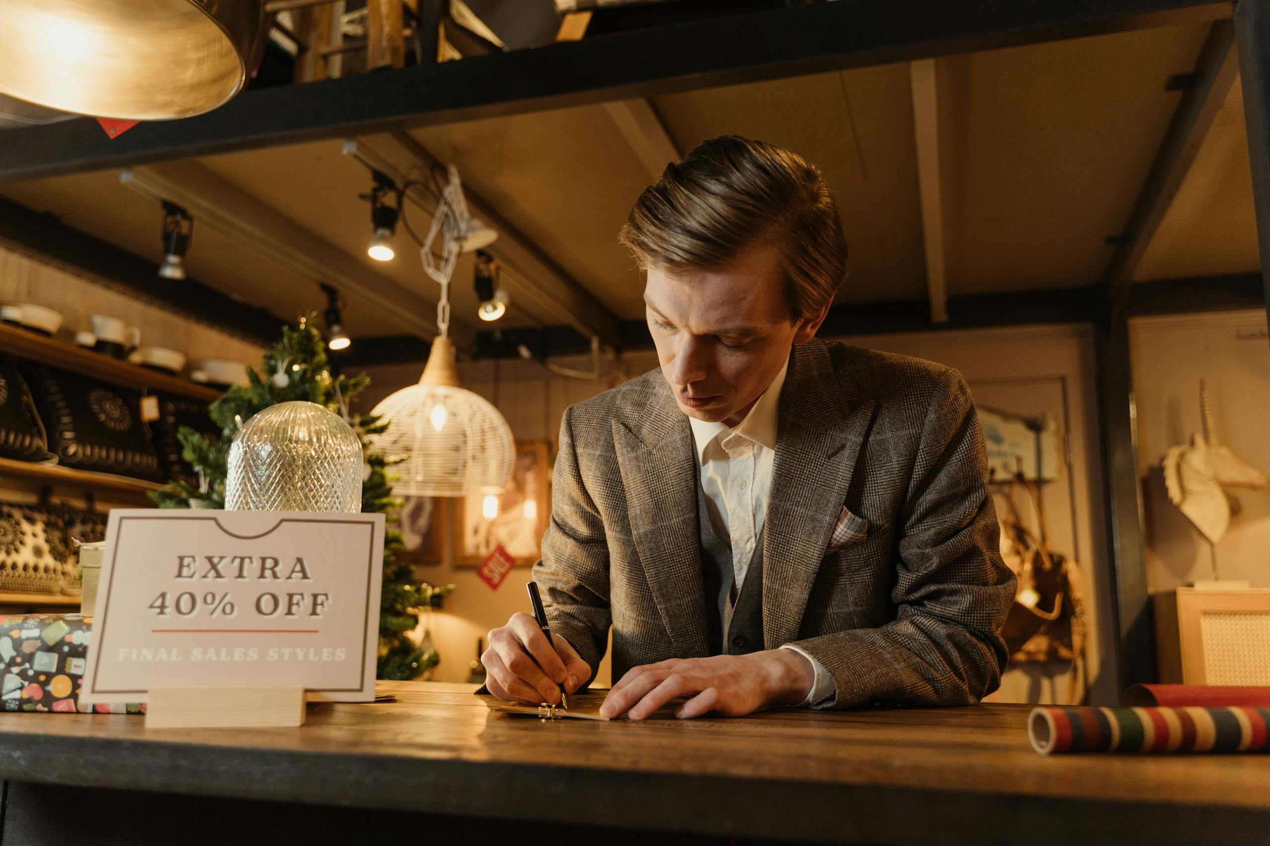A salesman in a suit writing at a store counter during a Christmas sale.