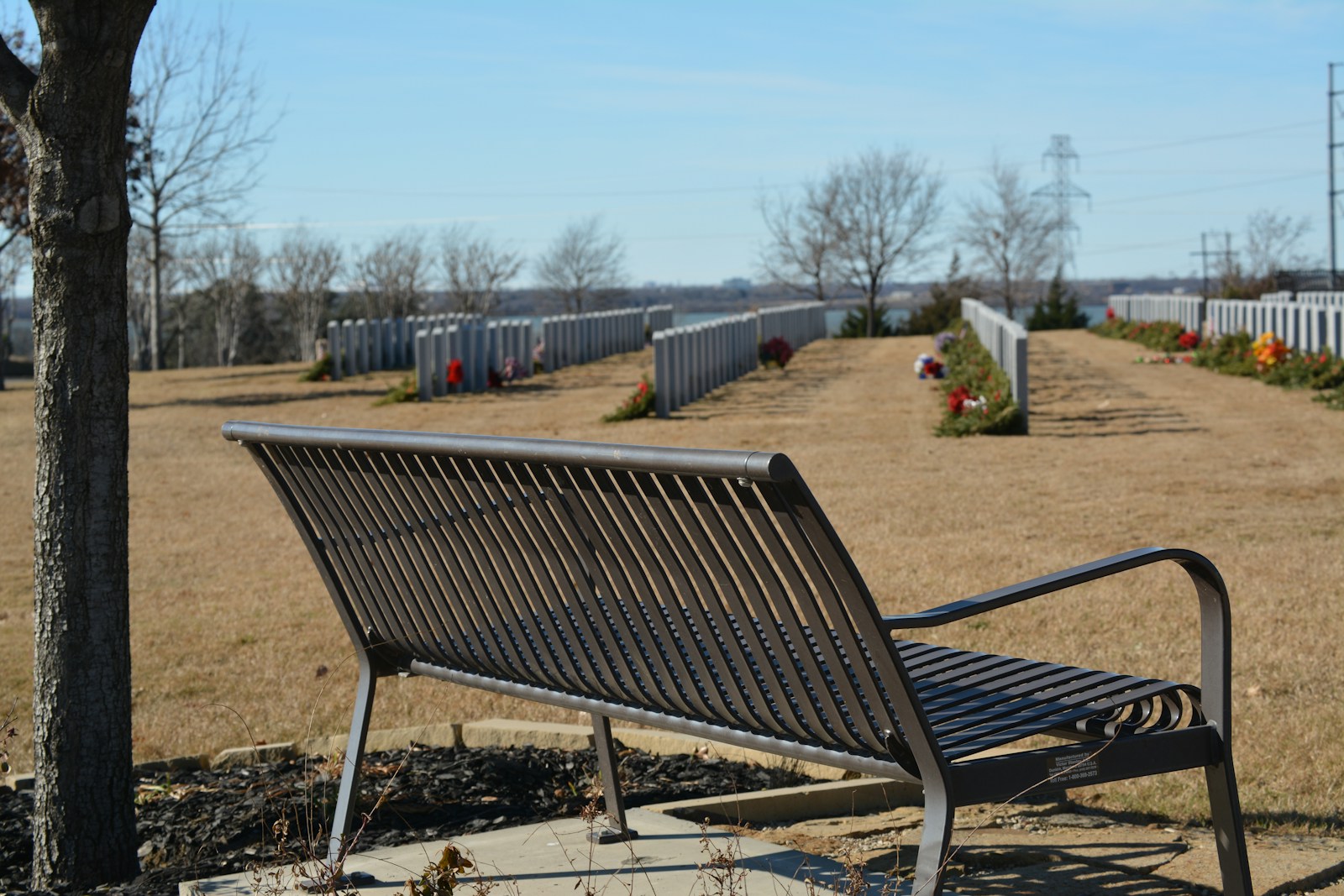 Empty park bench overlooks a cemetery in winter
