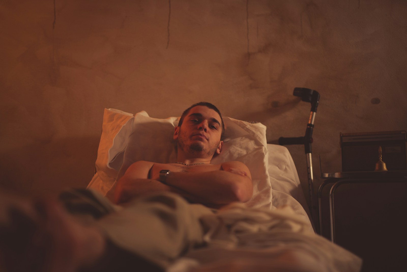 a person lying in a bed