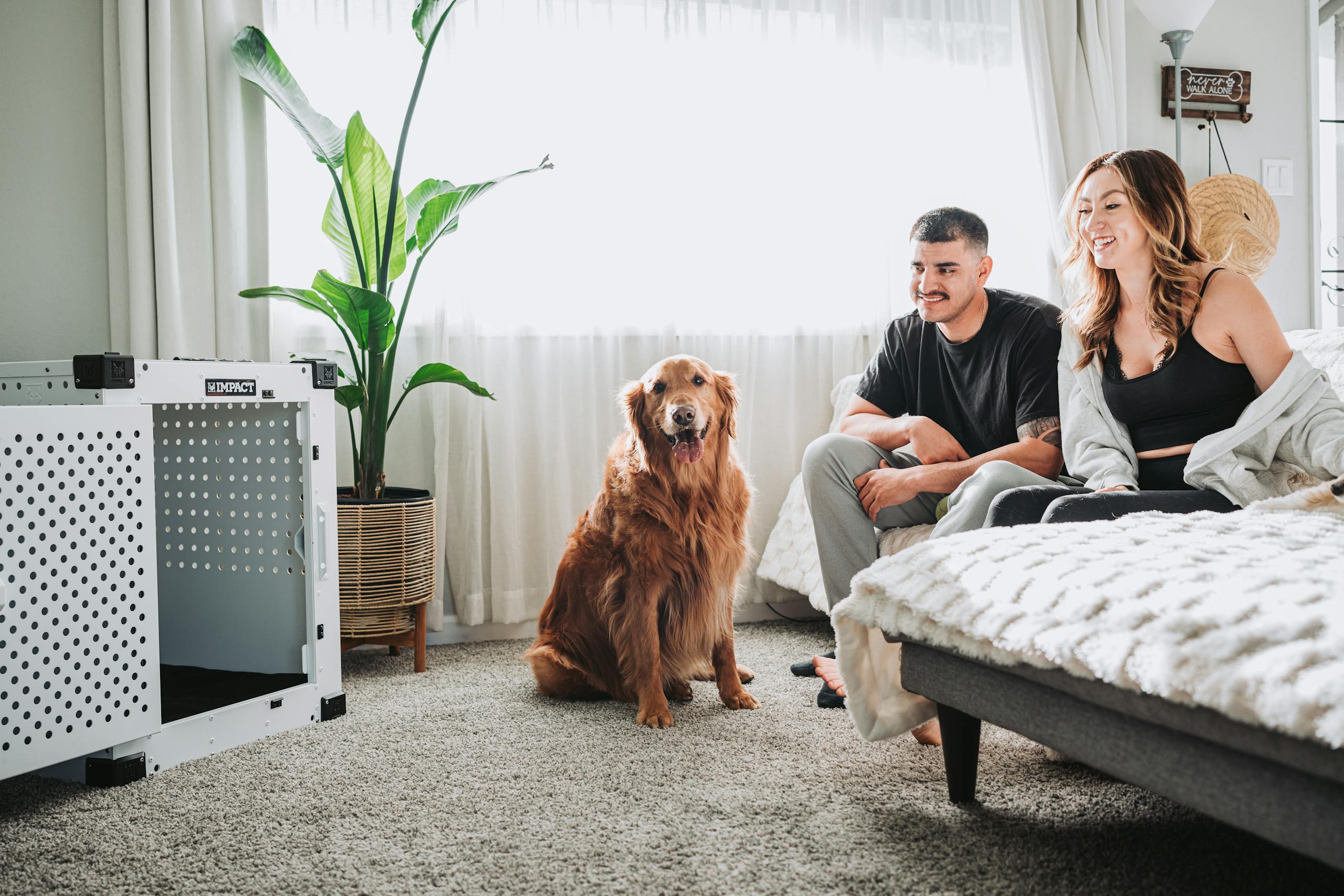 Young couple relaxing in a cozy living room with their golden retriever and a modern dog crate.