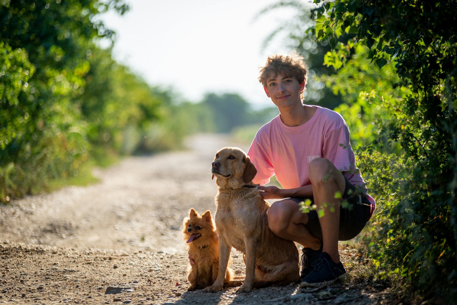 man in pink crew neck t-shirt sitting beside brown short coated dog during daytime