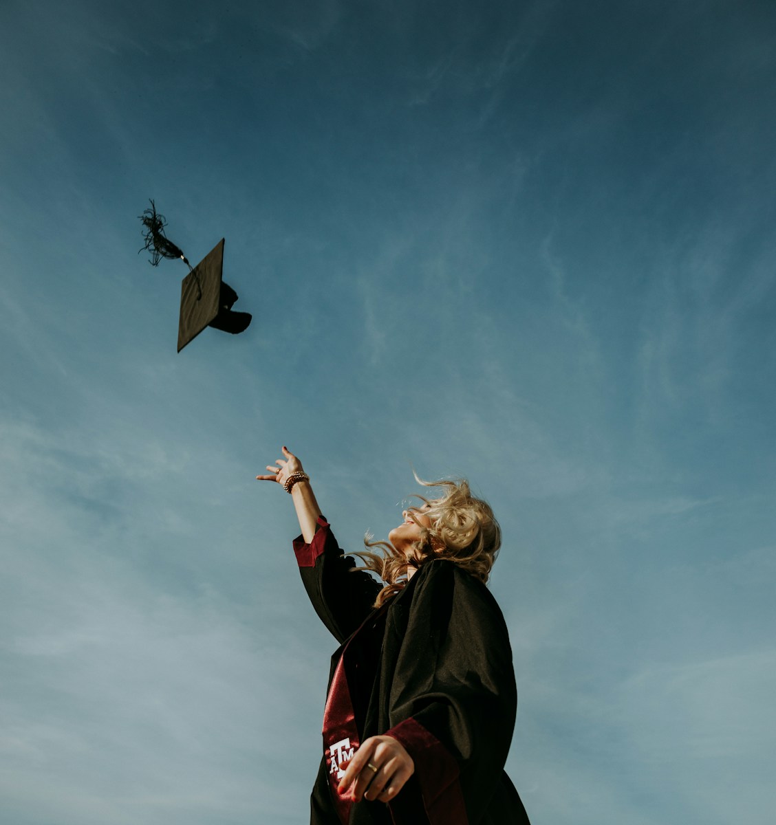 graduate tossing cap into sky